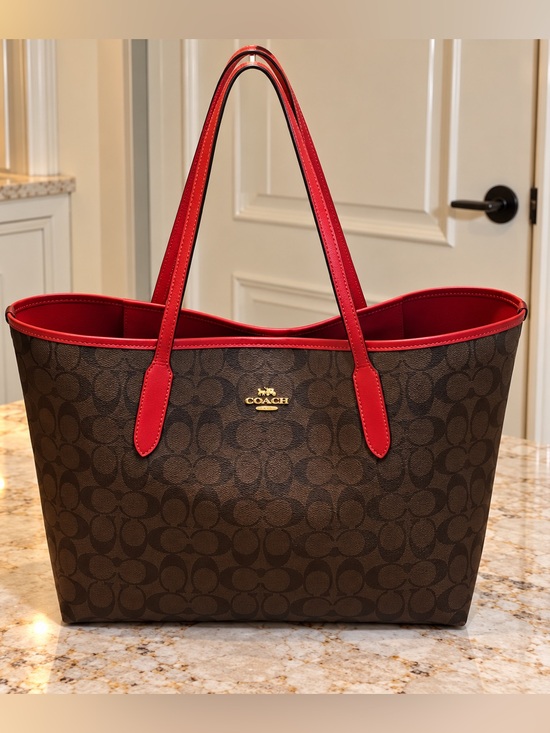 Coach Handbags - Coach City Tote in Signature Canvas Shoulder Bag - Gold/Brown 1941 Red (5696)
